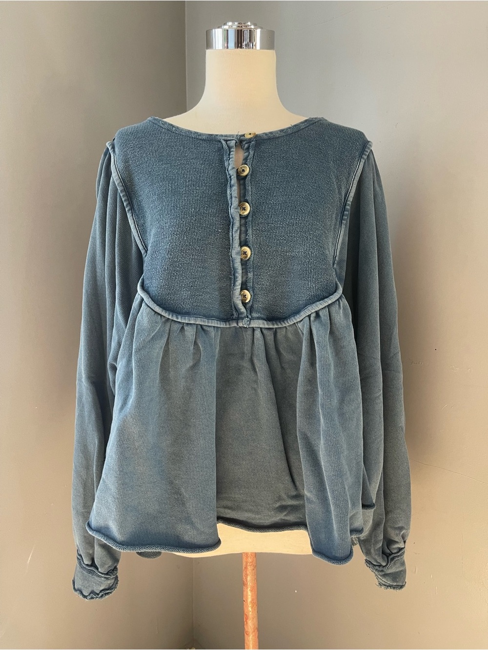 Free People Washed Denim-Blue Peplum Button-Back Sweatshirt